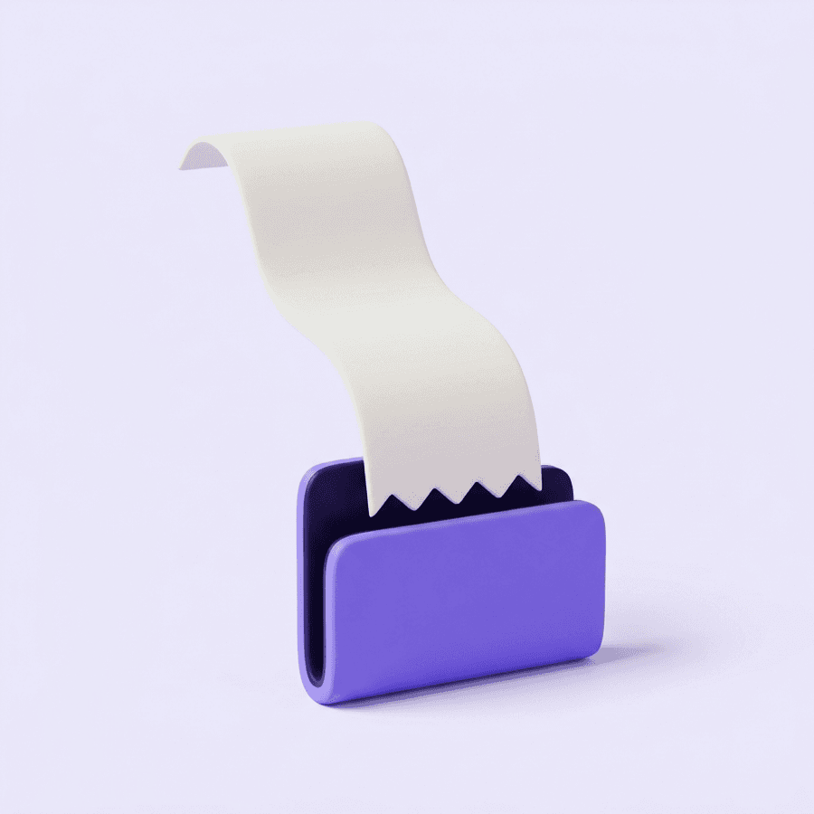 Illustration: kvitto som viks ihop till en verifikation (3D, lila)